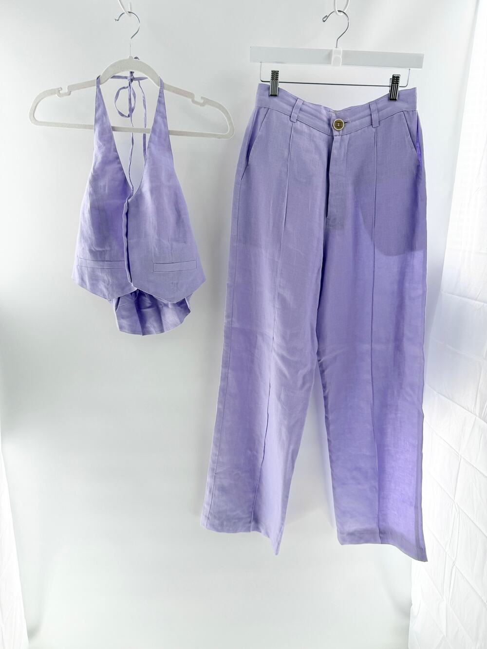 Nue The Label Linen Halter Neck Vest & Trouser Pants Set Lavender Womens Small